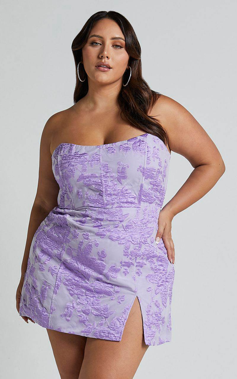 Showpo Brailey Mini Dress - Strapless Dress Purple Jacquard | QZMECD204