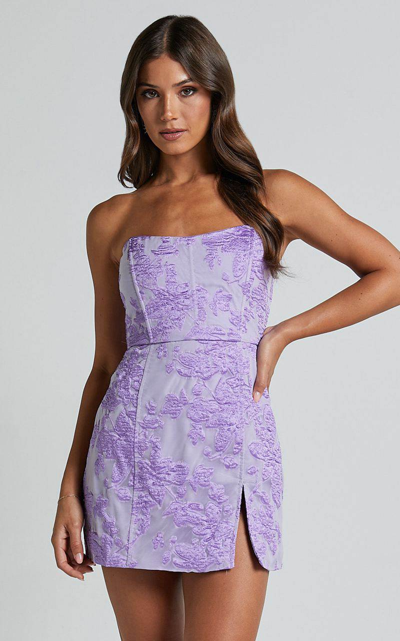 Showpo Brailey Mini Dress - Strapless Dress Purple Jacquard | QZMECD204