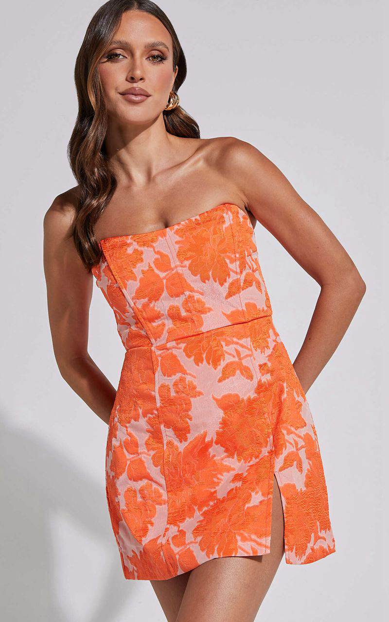 Showpo Brailey Mini Dress - Strapless Dress Orange Jacquard | BTGQLF190