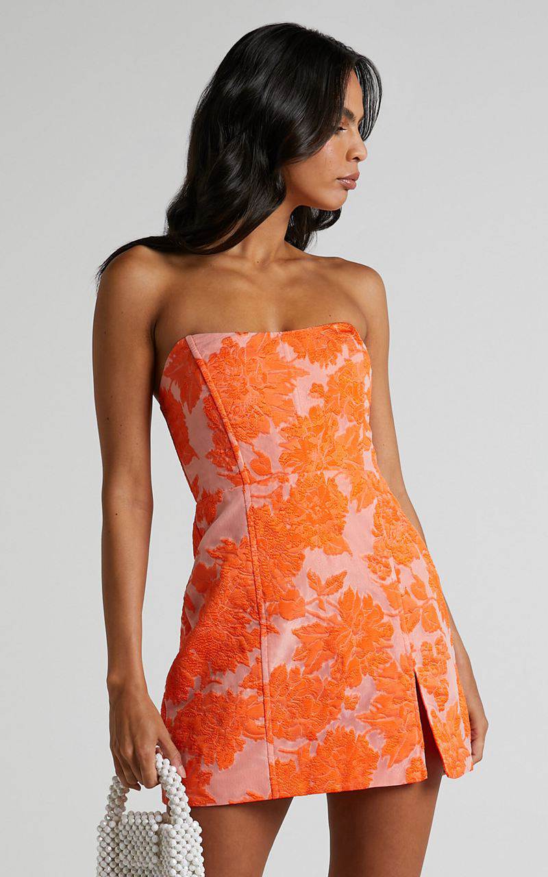 Showpo Brailey Mini Dress - Strapless Dress Orange Jacquard | BTGQLF190