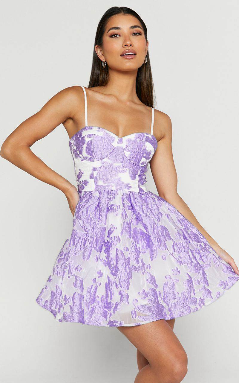 Showpo Brailey Mini Dress - Sweetheart Bustier Dress Purple Jacquard | ECDUTF218