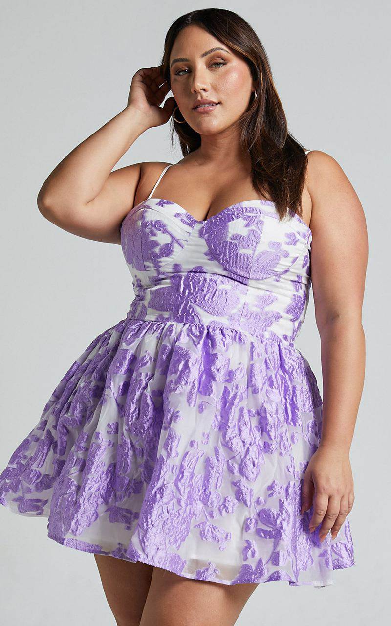 Showpo Brailey Mini Dress - Sweetheart Bustier Dress Purple Jacquard | ECDUTF218