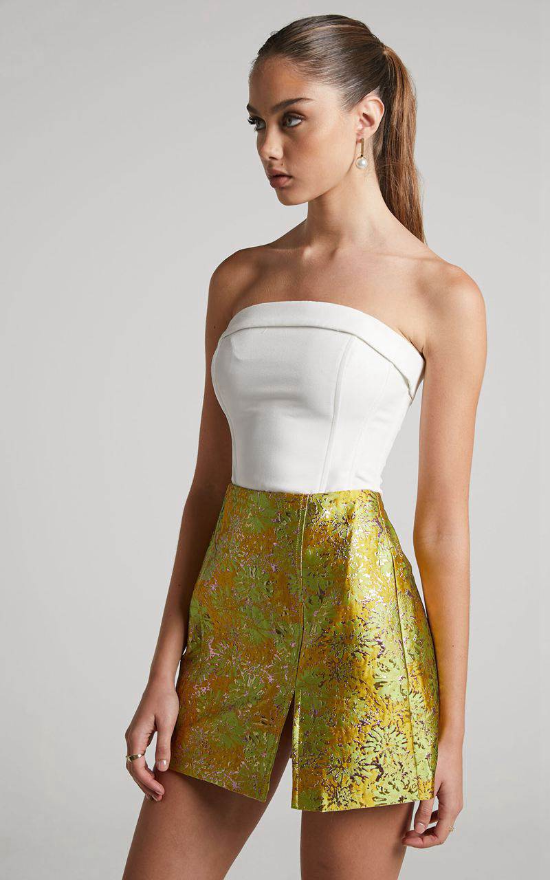 Showpo Brailey Mini Skirt - Split Jacquard Skirt Lime | SKVBRU280