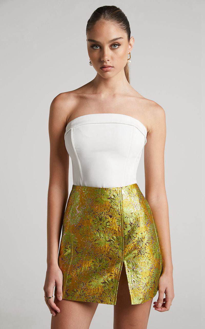 Showpo Brailey Mini Skirt - Split Jacquard Skirt Lime | SKVBRU280