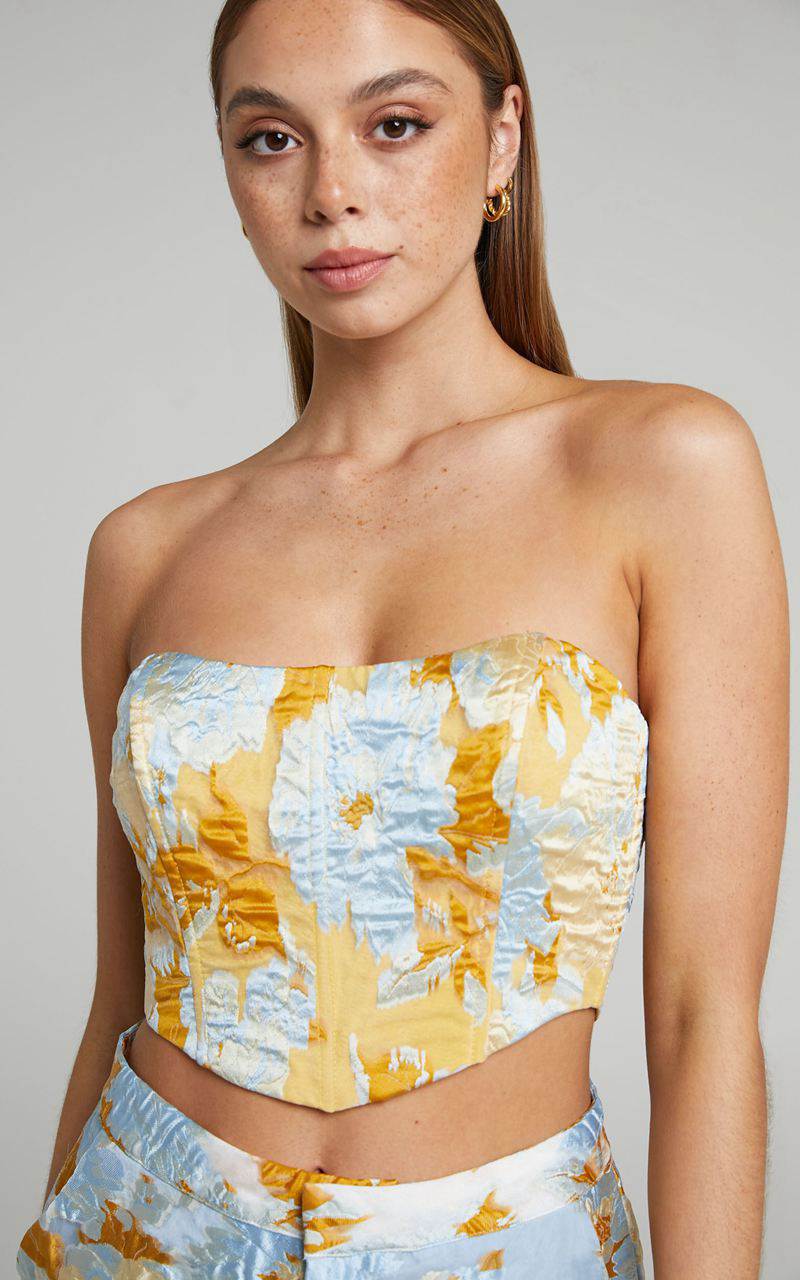 Showpo Brailey Top - Bustier Top Blue & Yellow Jacquard | KIYDEF523