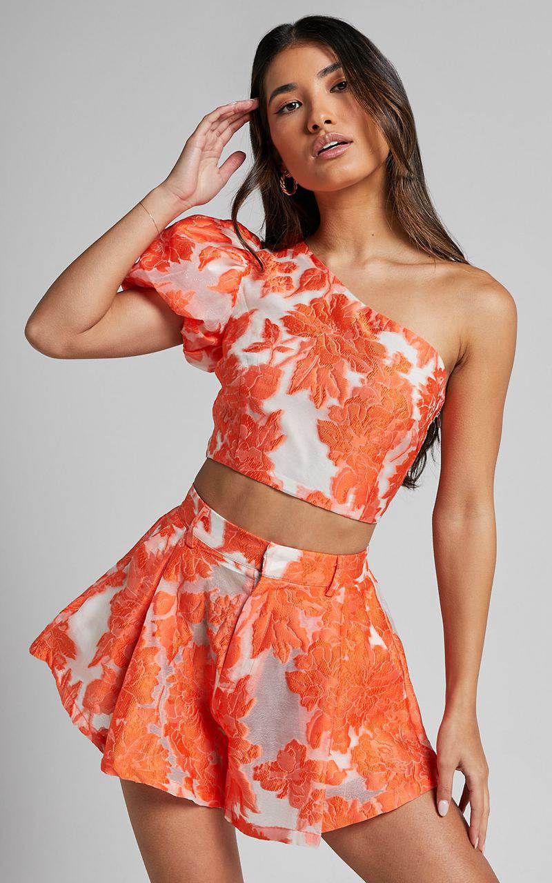 Showpo Brailey Two Piece Set - One Shoulder Puff Sleeve Top And Shorts Set Orange Jacquard | TKXAFW485