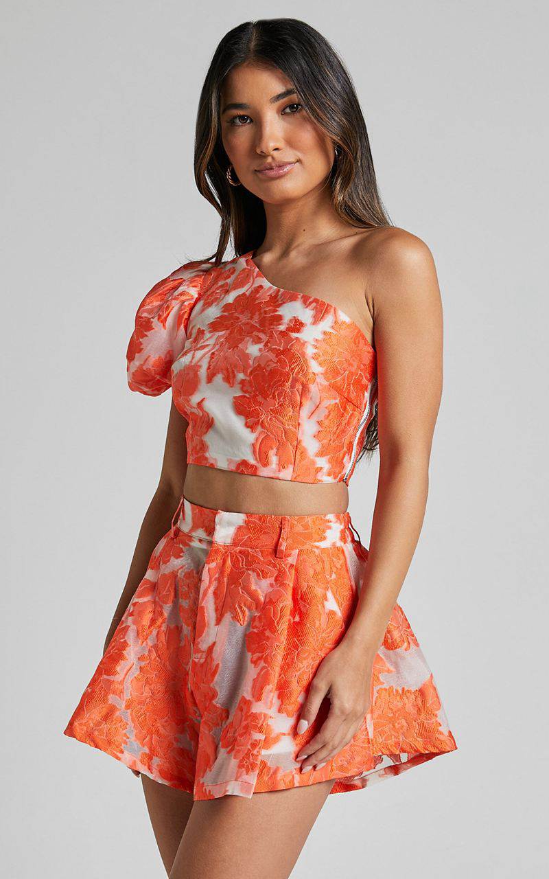 Showpo Brailey Two Piece Set - One Shoulder Puff Sleeve Top And Shorts Set Orange Jacquard | TKXAFW485