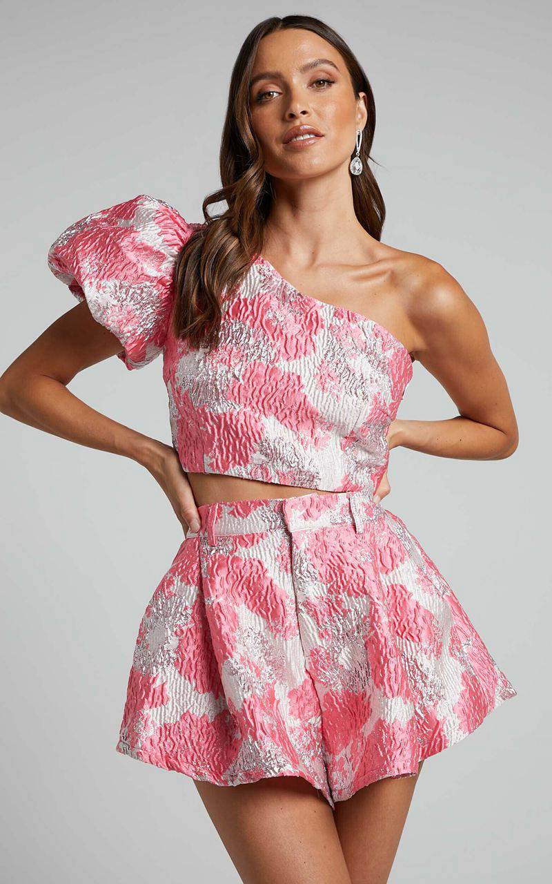 Showpo Brailey Two Piece Set - One Shoulder Puff Sleeve Top And Shorts Set Light Pink Jacquard | LNCPQV613