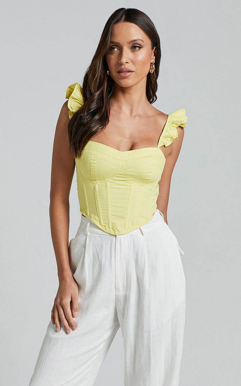 Showpo Braylen Top - Sweetheart Flutter Sleeve Corset Top Sun Yellow | HOPNRK368