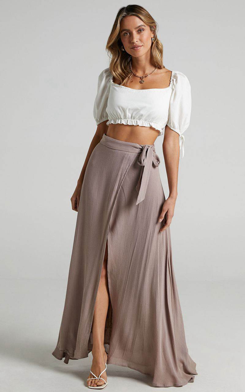 Showpo Break A Leg Maxi Skirt - Wrap Tie Skirt Mocha | RWMBGU795