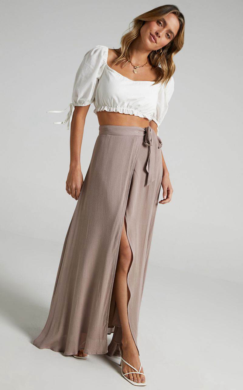 Showpo Break A Leg Maxi Skirt - Wrap Tie Skirt Mocha | RWMBGU795