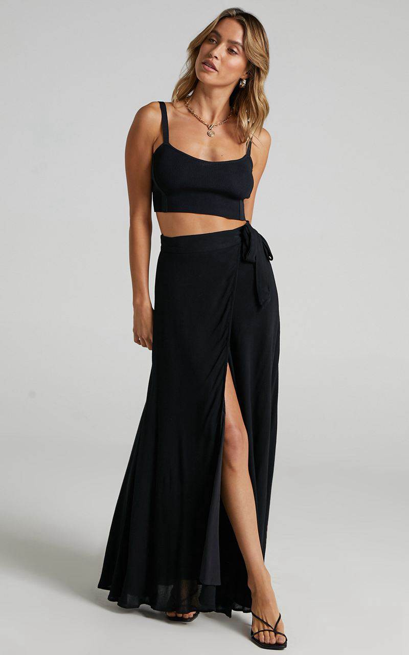 Showpo Break A Leg Maxi Skirt - Wrap Tie Skirt Black | MTHFAQ516