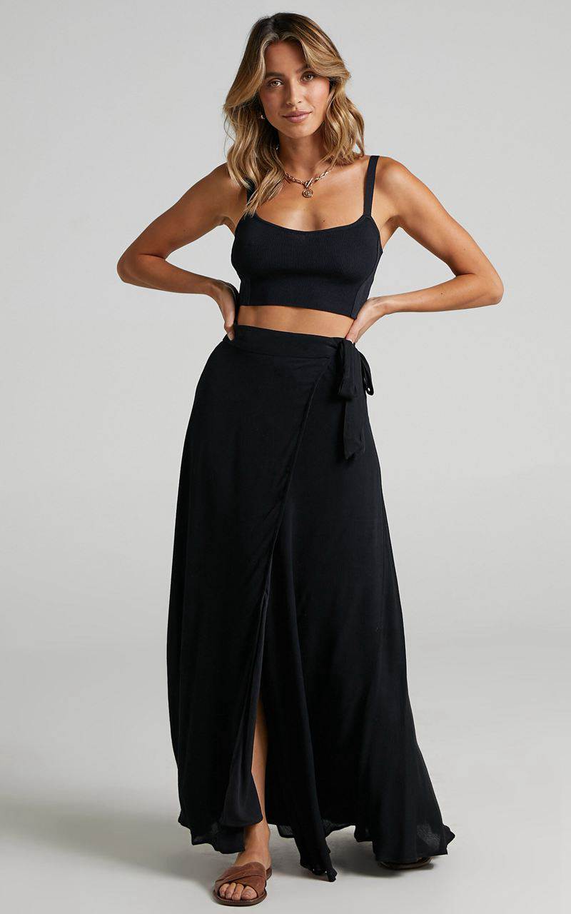 Showpo Break A Leg Maxi Skirt - Wrap Tie Skirt Black | MTHFAQ516