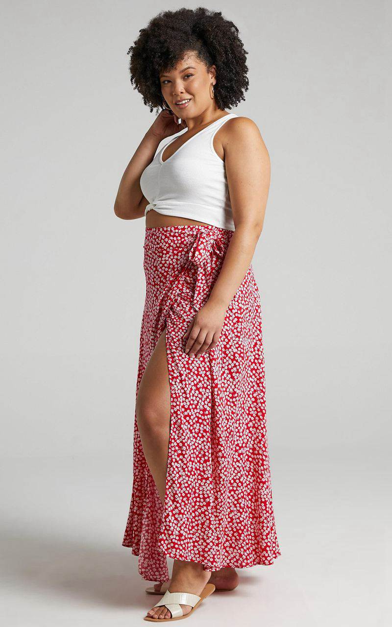 Showpo Break A Leg Wrap Thigh Split Maxi Skirt Red Floral | PEWGYR938