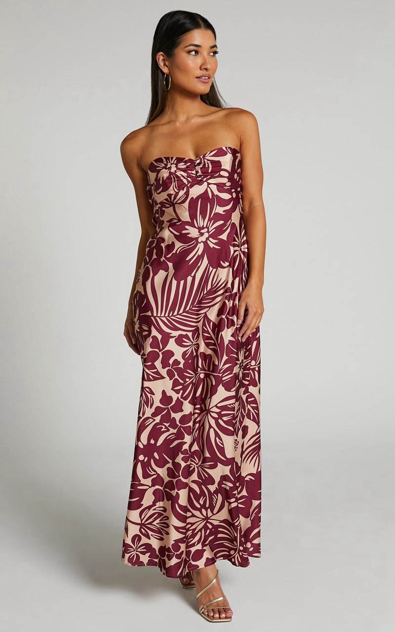 Showpo Breana Strapless Ruched Bust Maxi Wine Floral | SVJCEZ938