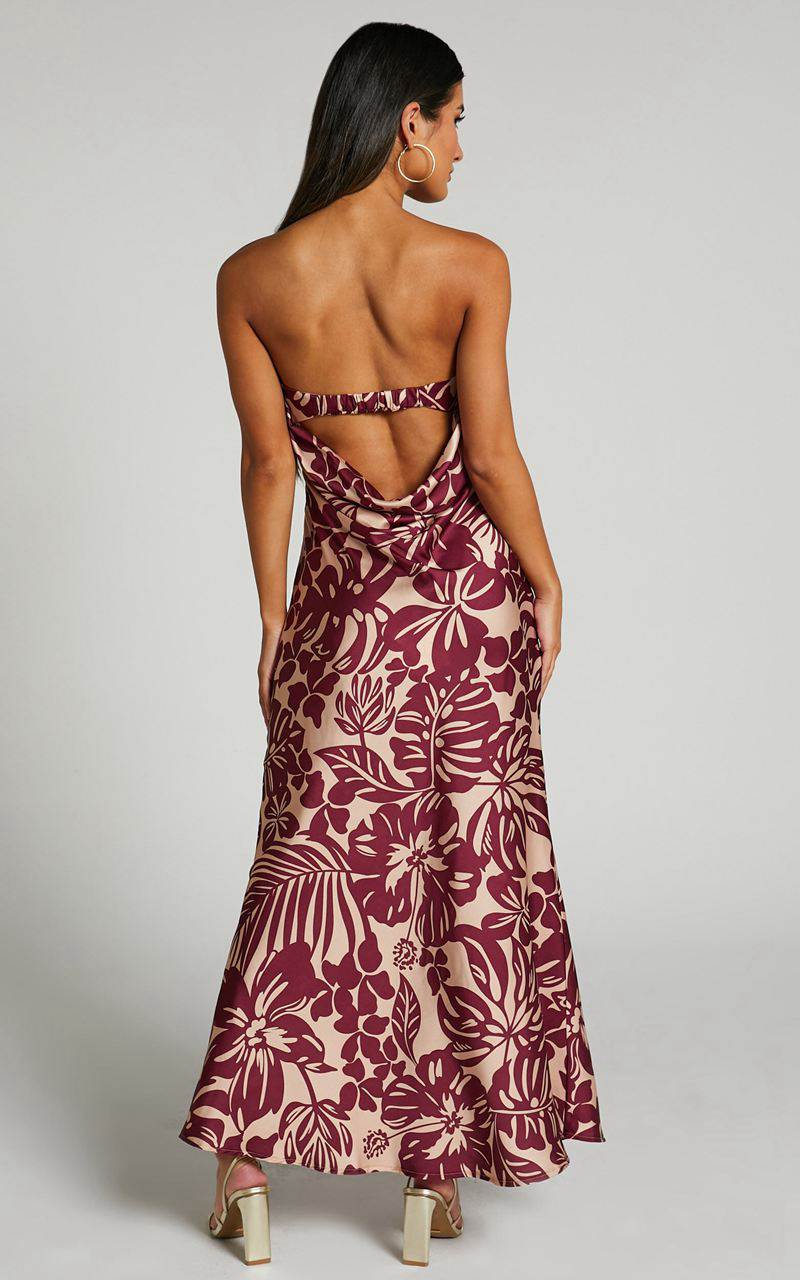 Showpo Breana Strapless Ruched Bust Maxi Wine Floral | SVJCEZ938