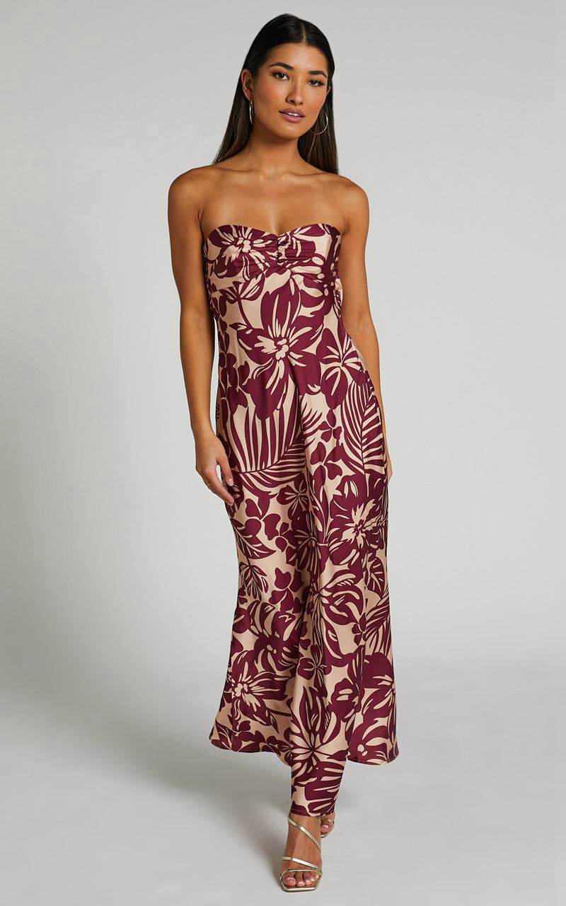 Showpo Breana Strapless Ruched Bust Maxi Wine Floral | SVJCEZ938