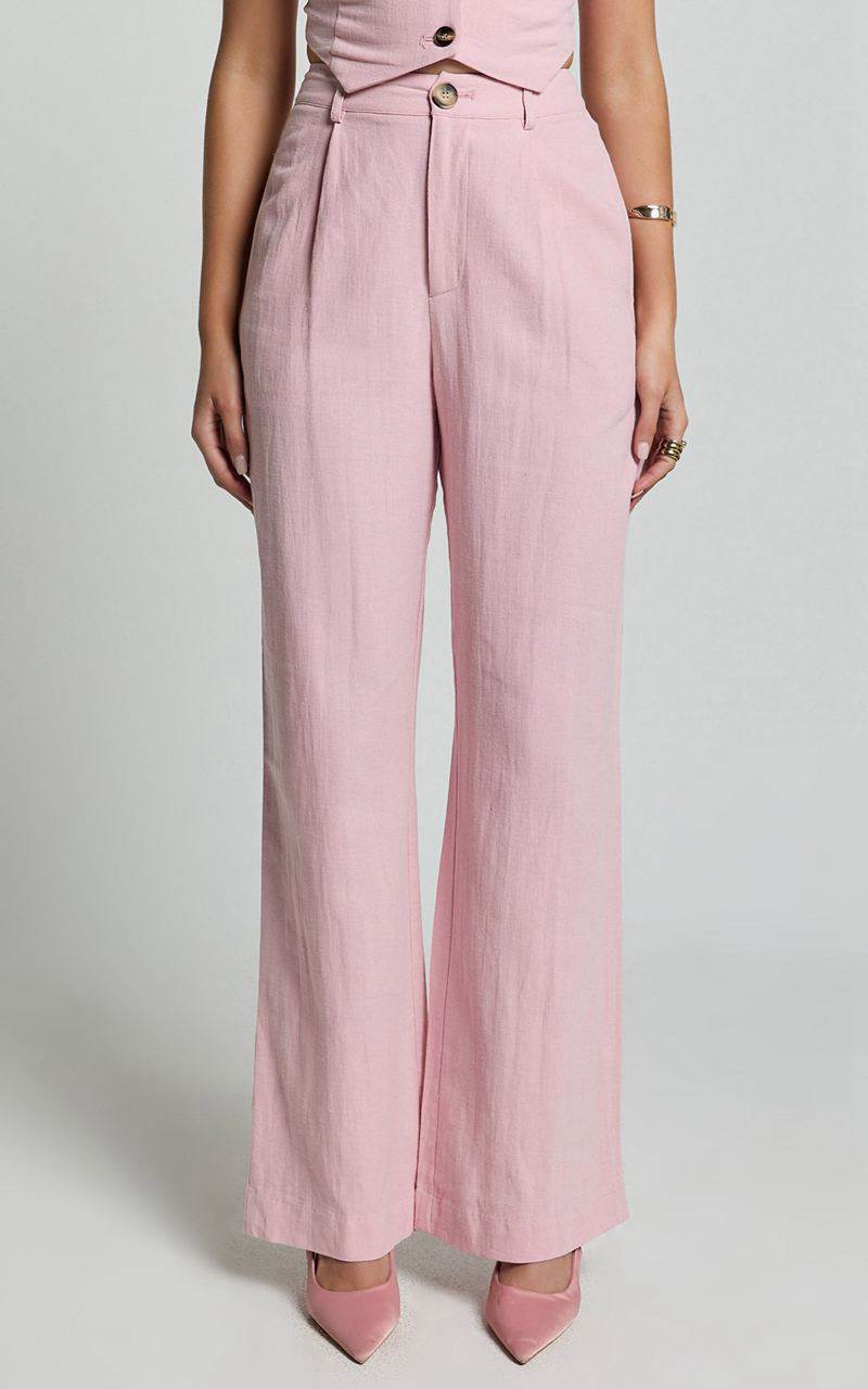 Showpo Bree Pants - Linen Look Mid Rise Relaxed Straight Leg Tailored Trousers Light Pink | ZKPHEC423