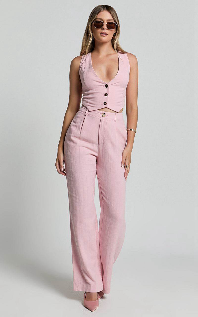 Showpo Bree Pants - Linen Look Mid Rise Relaxed Straight Leg Tailored Trousers Light Pink | ZKPHEC423