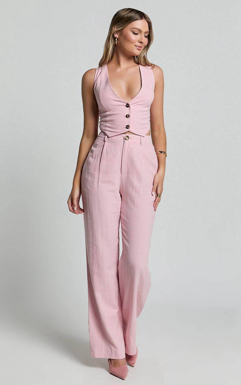 Showpo Bree Pants - Linen Look Mid Rise Relaxed Straight Leg Tailored Trousers Light Pink | ZKPHEC423