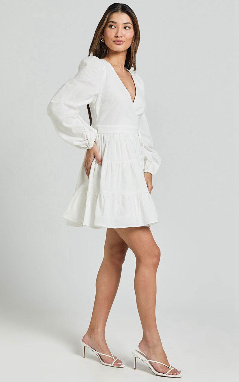 Showpo Brenda Mini Dress - Long Puff Sleeve Wrap Linen Blend Dress Ivory | BHIKUT297