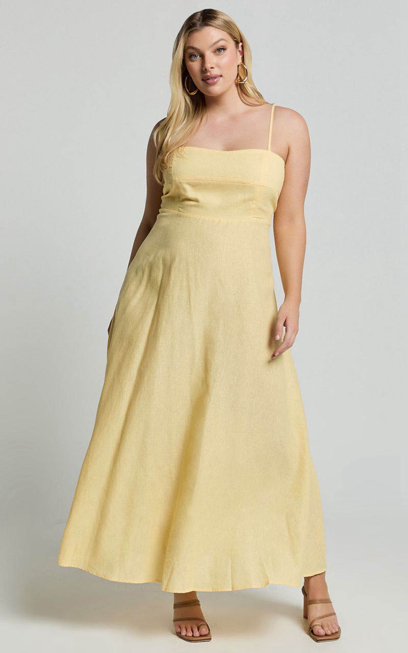 Showpo Brette Midi Dress - Linen Look Straight Neck Strappy Fit And Flare Dress Lemon | HJOZUS218