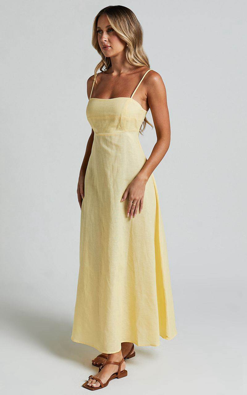 Showpo Brette Midi Dress - Linen Look Straight Neck Strappy Fit And Flare Dress Lemon | HJOZUS218