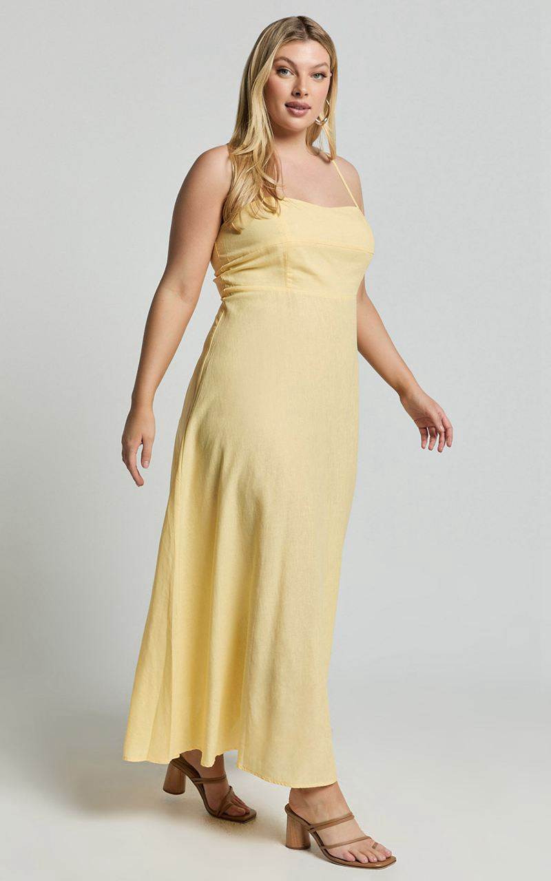 Showpo Brette Midi Dress - Linen Look Straight Neck Strappy Fit And Flare Dress Lemon | HJOZUS218