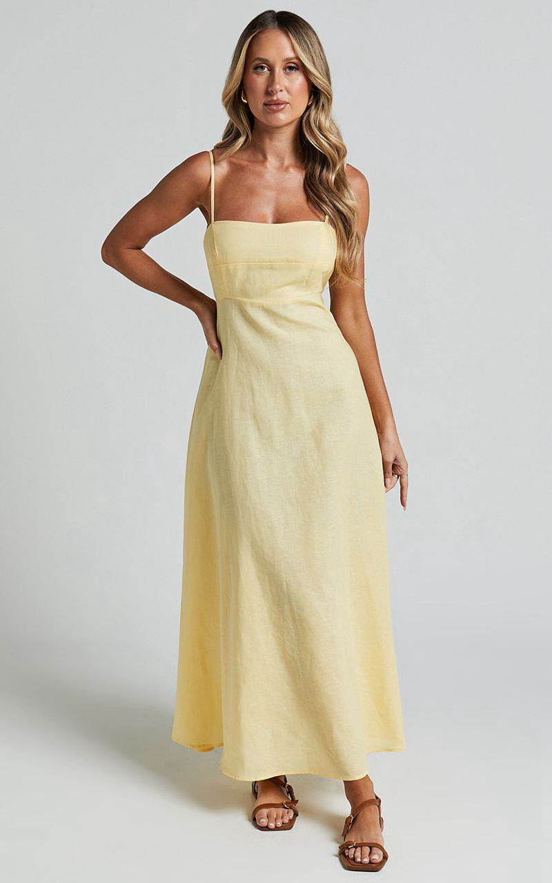 Showpo Brette Midi Dress - Linen Look Straight Neck Strappy Fit And Flare Dress Lemon | HJOZUS218