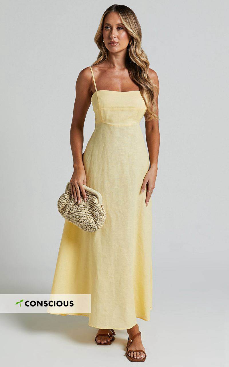 Showpo Brette Midi Dress - Linen Look Straight Neck Strappy Fit And Flare Dress Lemon | HJOZUS218