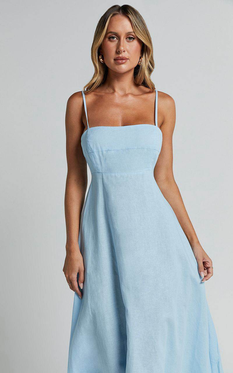 Showpo Brette Midi Dress - Linen Look Straight Neck Strappy Fit And Flare Dress Blue | UMZIKH810