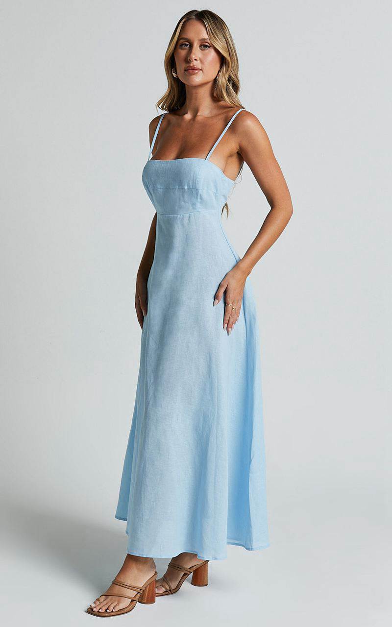 Showpo Brette Midi Dress - Linen Look Straight Neck Strappy Fit And Flare Dress Blue | UMZIKH810