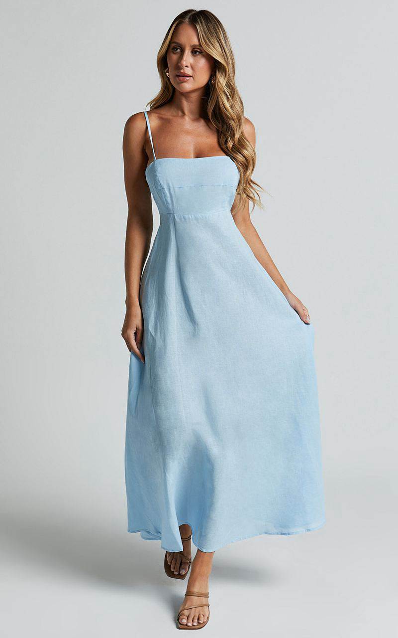 Showpo Brette Midi Dress - Linen Look Straight Neck Strappy Fit And Flare Dress Blue | UMZIKH810