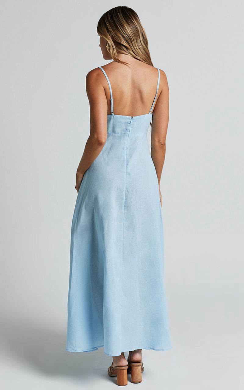 Showpo Brette Midi Dress - Linen Look Straight Neck Strappy Fit And Flare Dress Blue | UMZIKH810