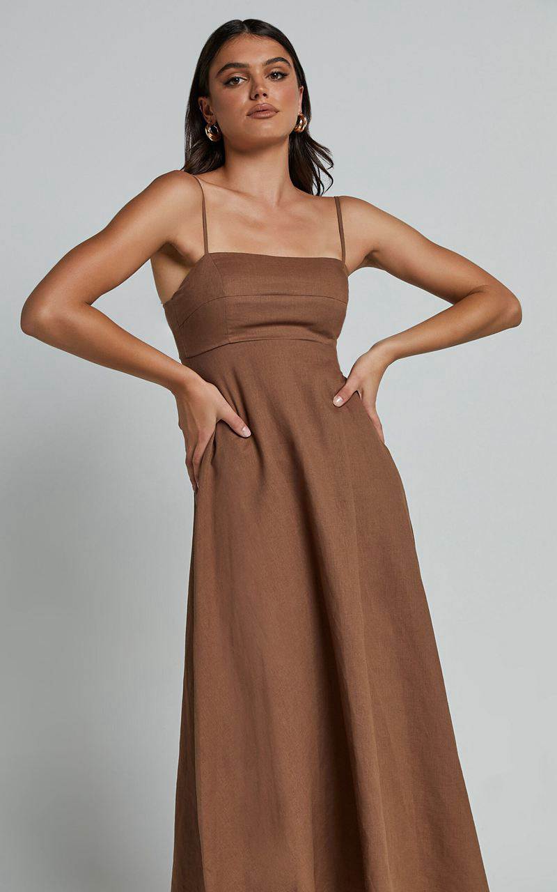 Showpo Brette Midi Dress - Linen Look Straight Neck Strappy Fit And Flare Dress Tobacco | PXHEDR910