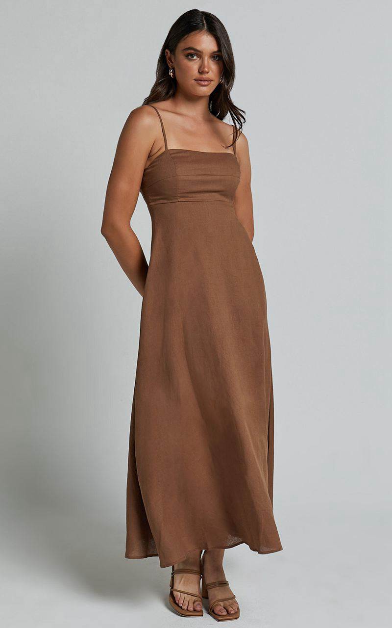 Showpo Brette Midi Dress - Linen Look Straight Neck Strappy Fit And Flare Dress Tobacco | PXHEDR910