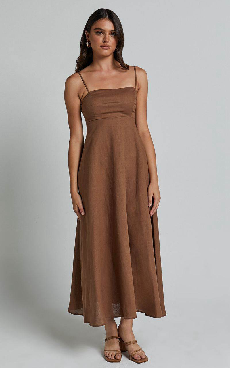 Showpo Brette Midi Dress - Linen Look Straight Neck Strappy Fit And Flare Dress Tobacco | PXHEDR910