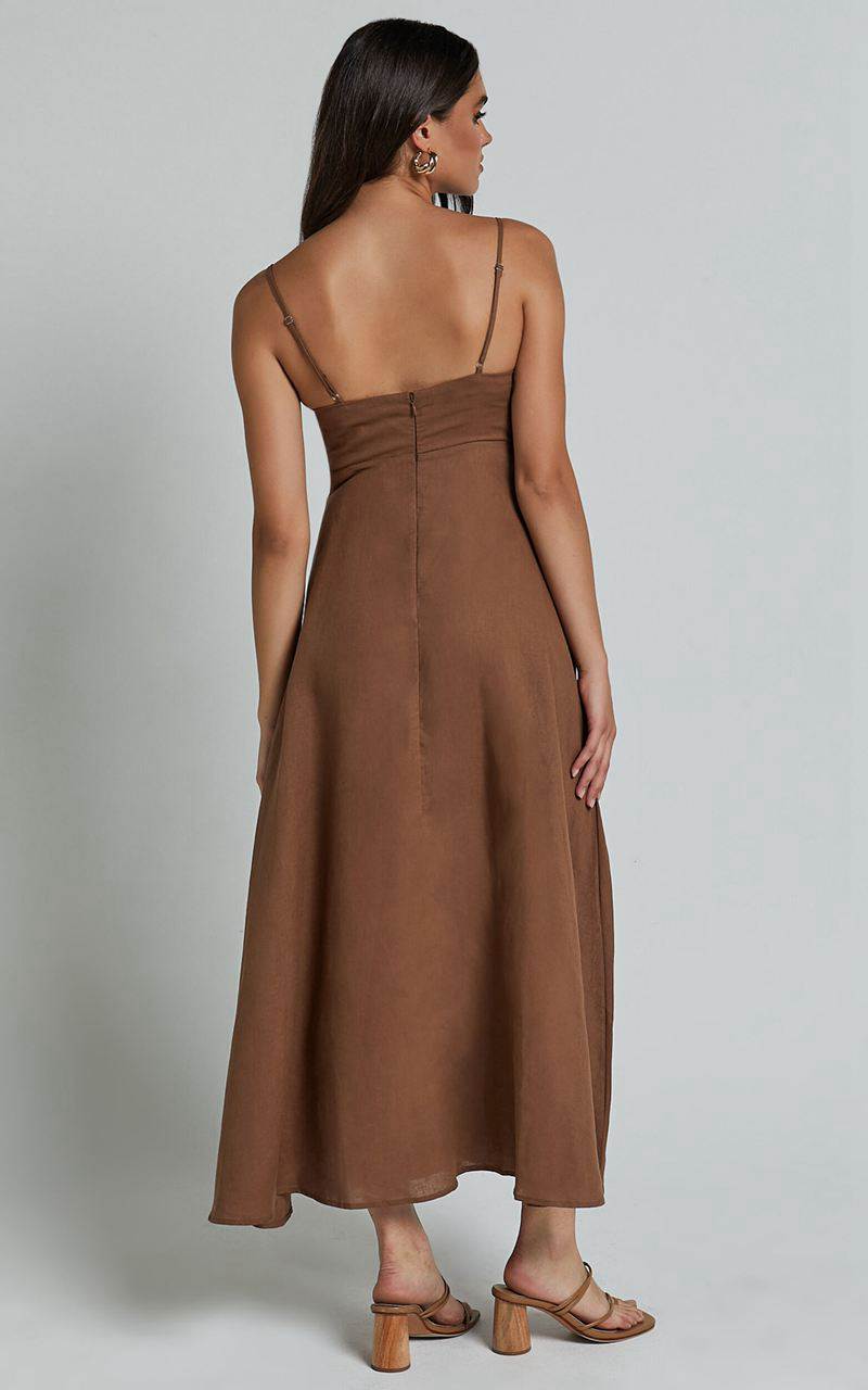 Showpo Brette Midi Dress - Linen Look Straight Neck Strappy Fit And Flare Dress Tobacco | PXHEDR910