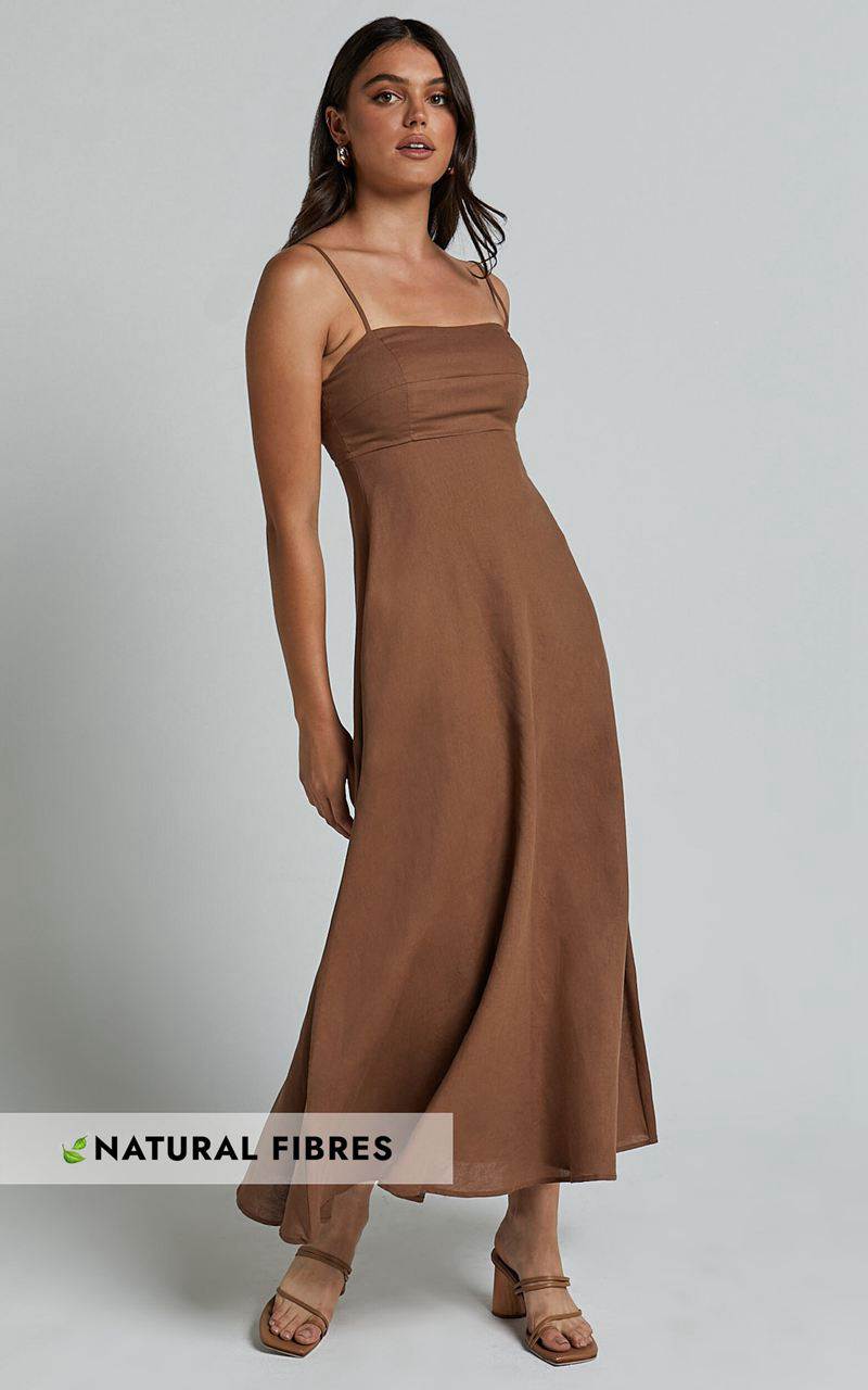 Showpo Brette Midi Dress - Linen Look Straight Neck Strappy Fit And Flare Dress Tobacco | PXHEDR910