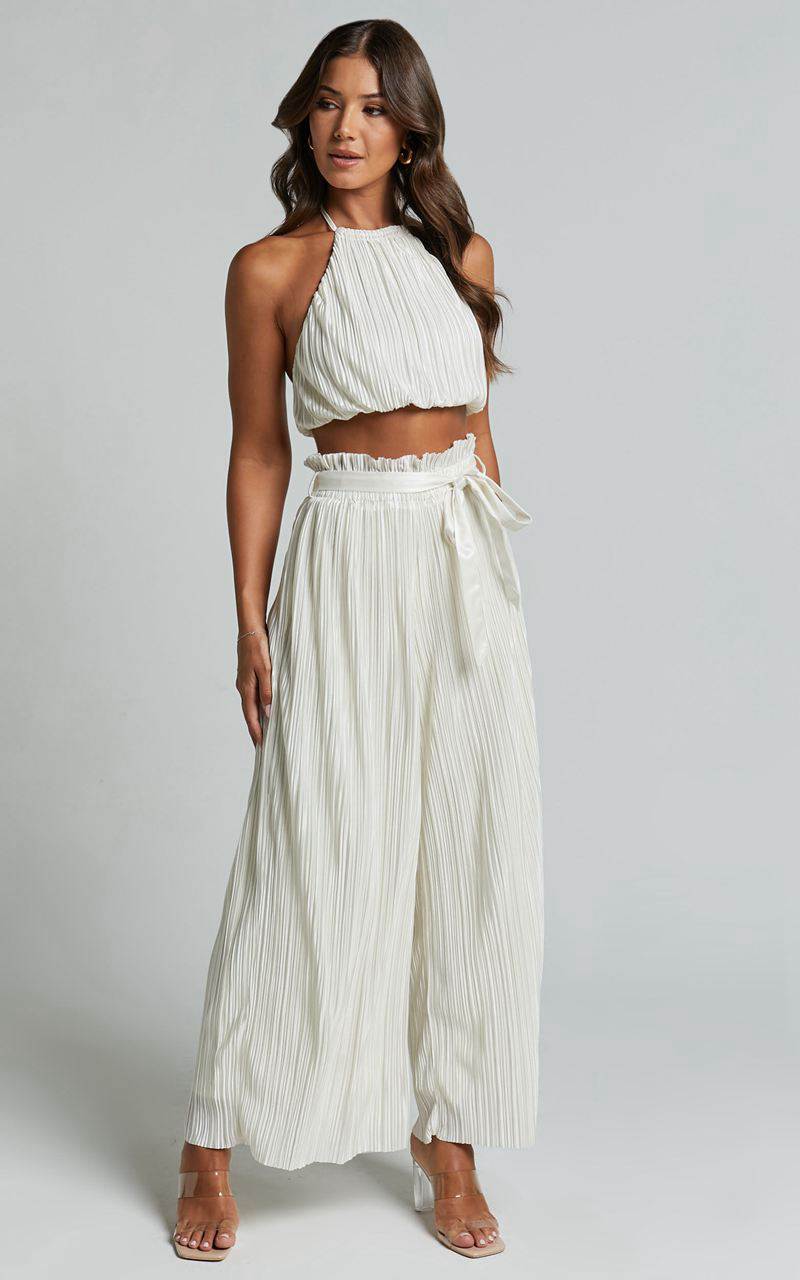 Showpo Briana Two Piece Set - High Neck Top And Paperbag High Waist Plisse Pants Set Cream | ZVNXCH875