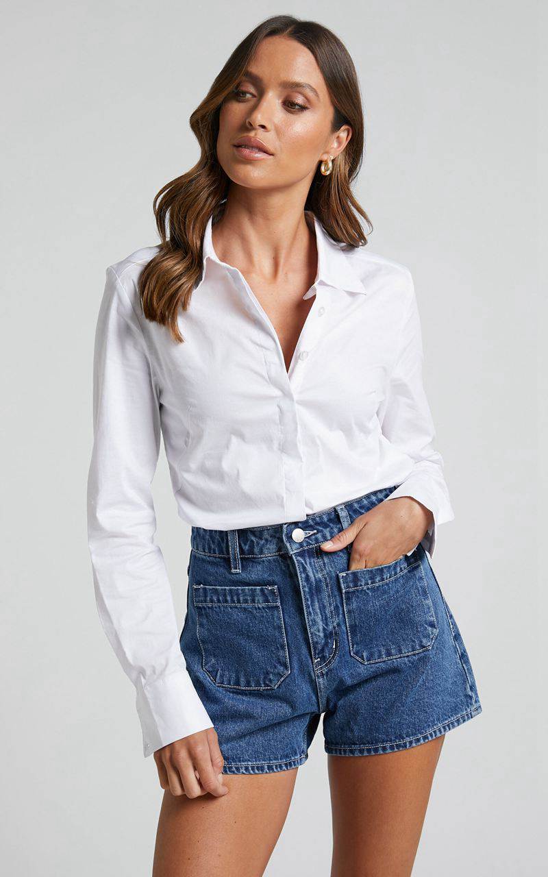 Showpo Briannon Shirt - Long Sleeve Fitted Collared Button Up Shirt White | GXDCHN269