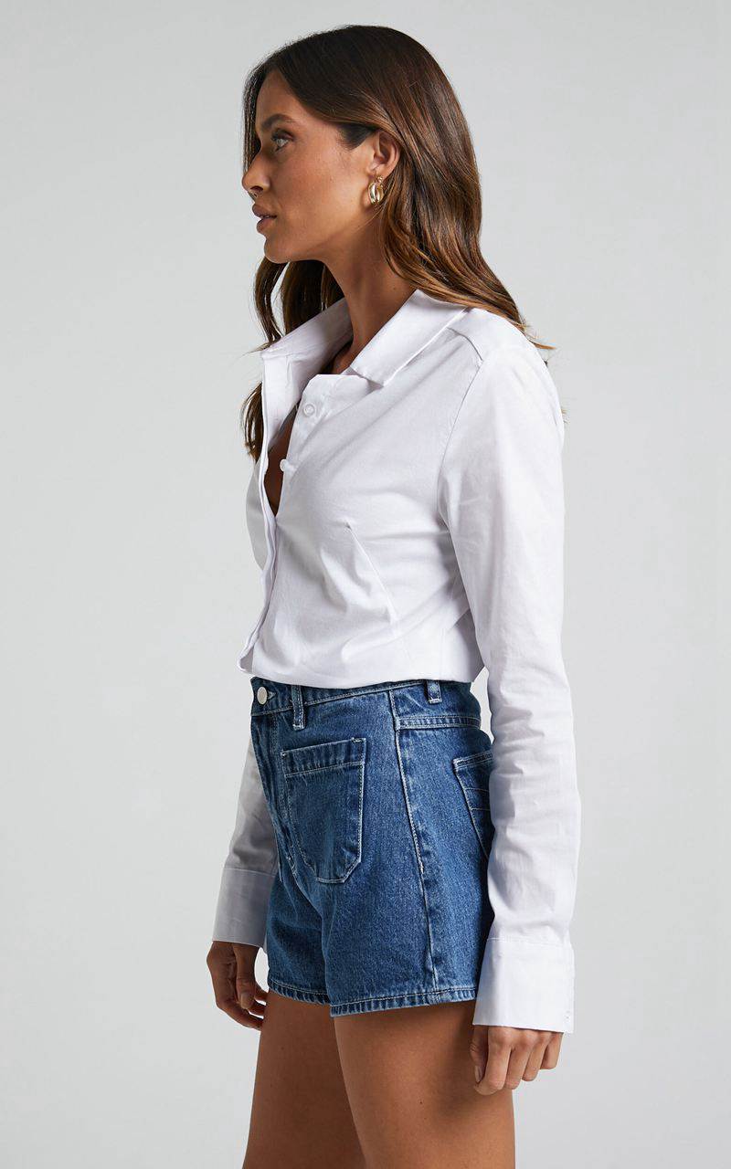 Showpo Briannon Shirt - Long Sleeve Fitted Collared Button Up Shirt White | GXDCHN269