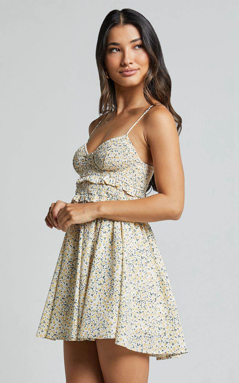 Showpo Bridget Mini Dress - Sleeveless Bust Ruffle Waist Dress Yellow Floral | RNWQOI871