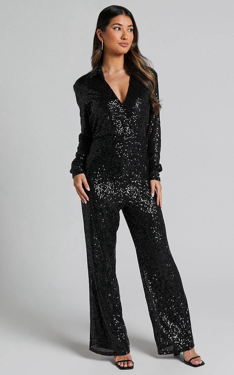 Showpo Briella Jumpsuit - Sequin Collared Plunge Wrap Long Sleeve Black | SRVPKY587