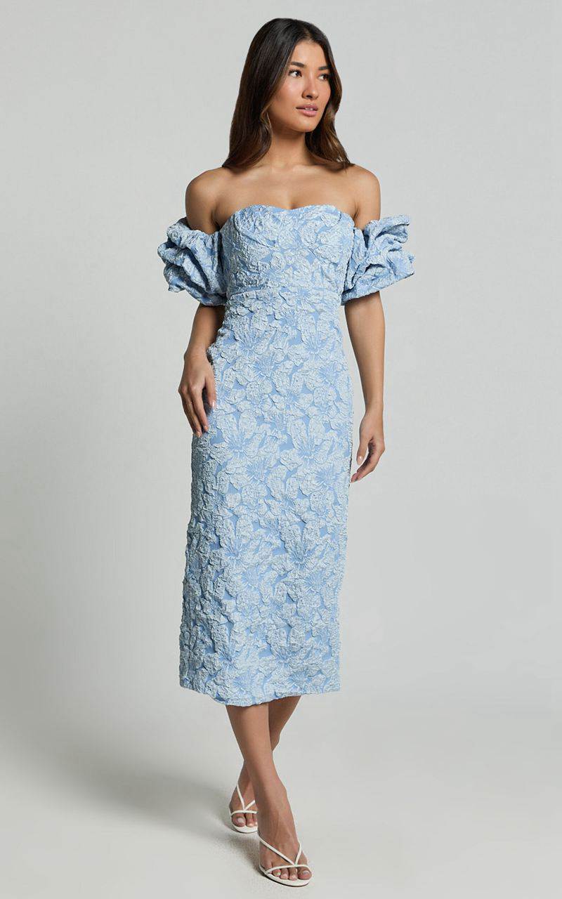 Showpo Brielle Midi Dress - Off The Shoulder Short Sleeve Sweetheart Dress Soft Blue | XIVTYB974