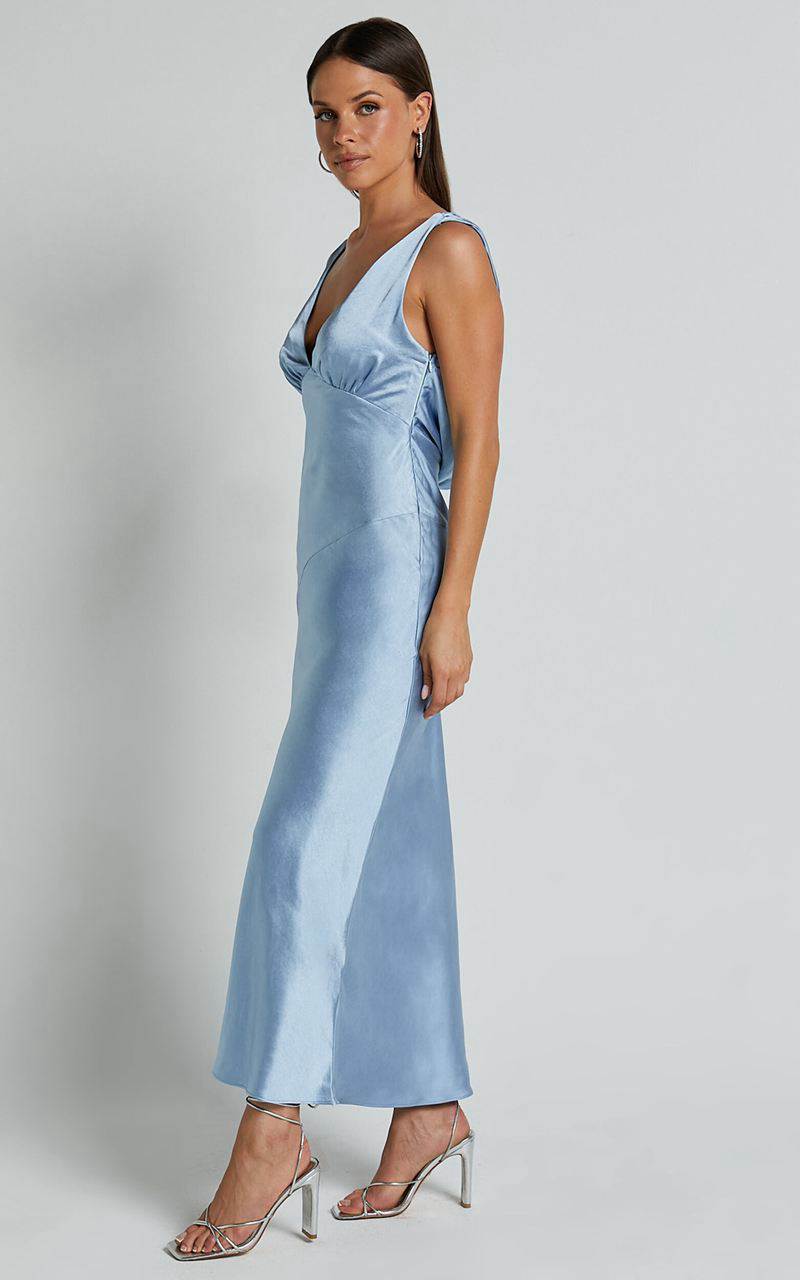 Showpo Brienne Midi Dress - Plunge Cowl Back Satin Dress Blue | WLHMEG713