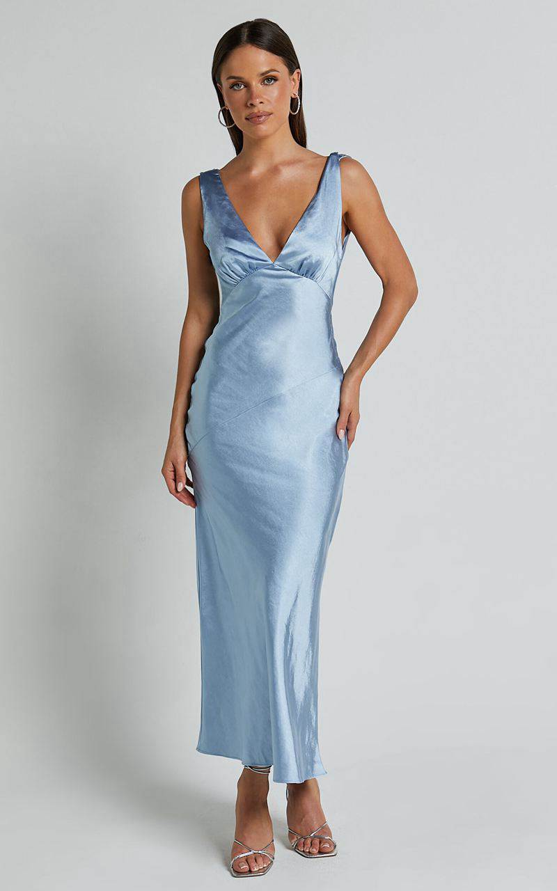 Showpo Brienne Midi Dress - Plunge Cowl Back Satin Dress Blue | WLHMEG713