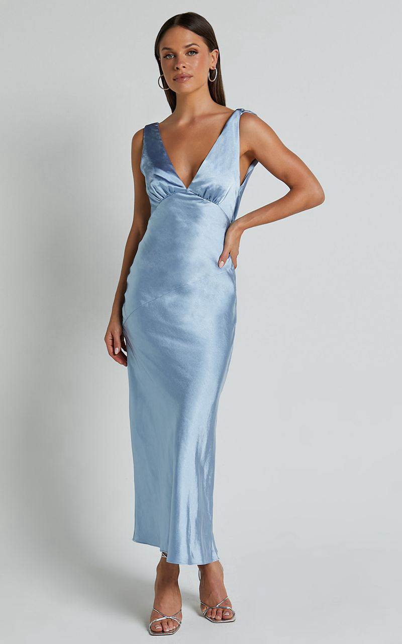 Showpo Brienne Midi Dress - Plunge Cowl Back Satin Dress Blue | WLHMEG713