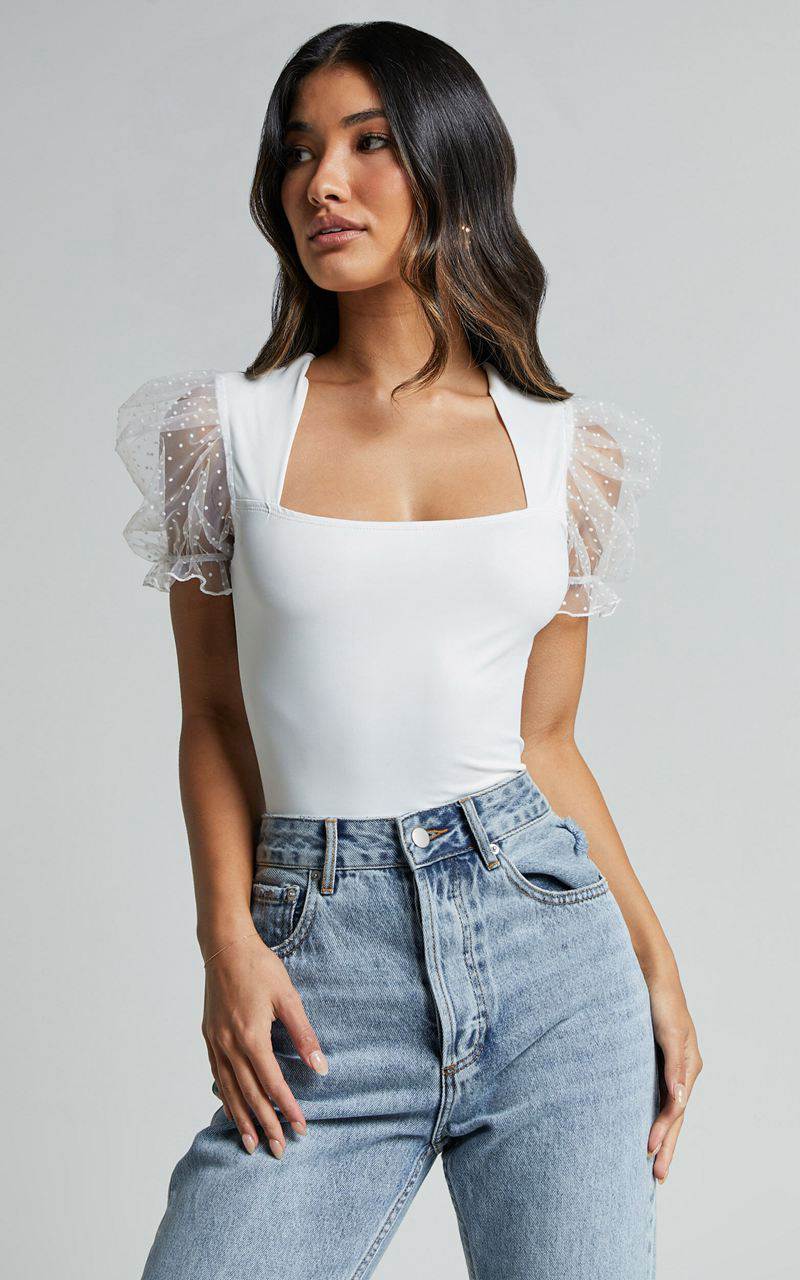 Showpo Briggs Bodysuit - Sheer Puff Sleeve Ivory | SVJUDZ582