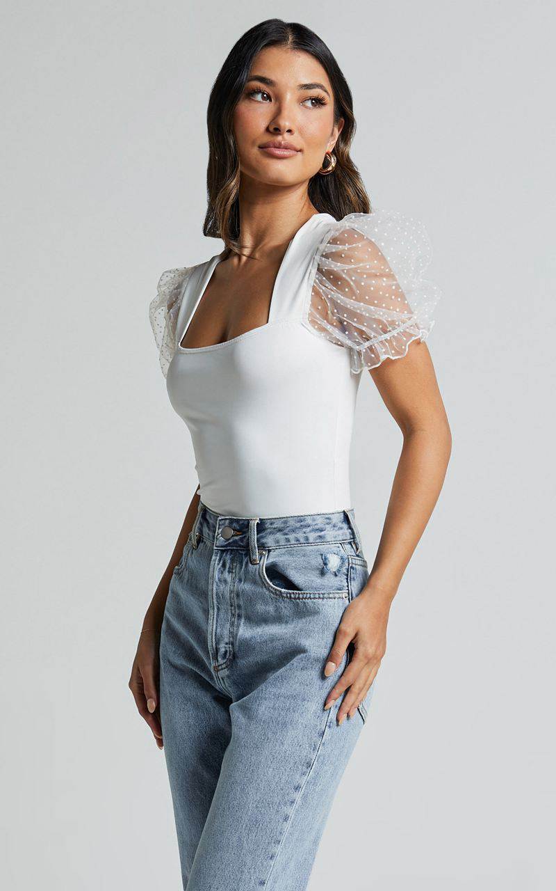 Showpo Briggs Bodysuit - Sheer Puff Sleeve Ivory | SVJUDZ582